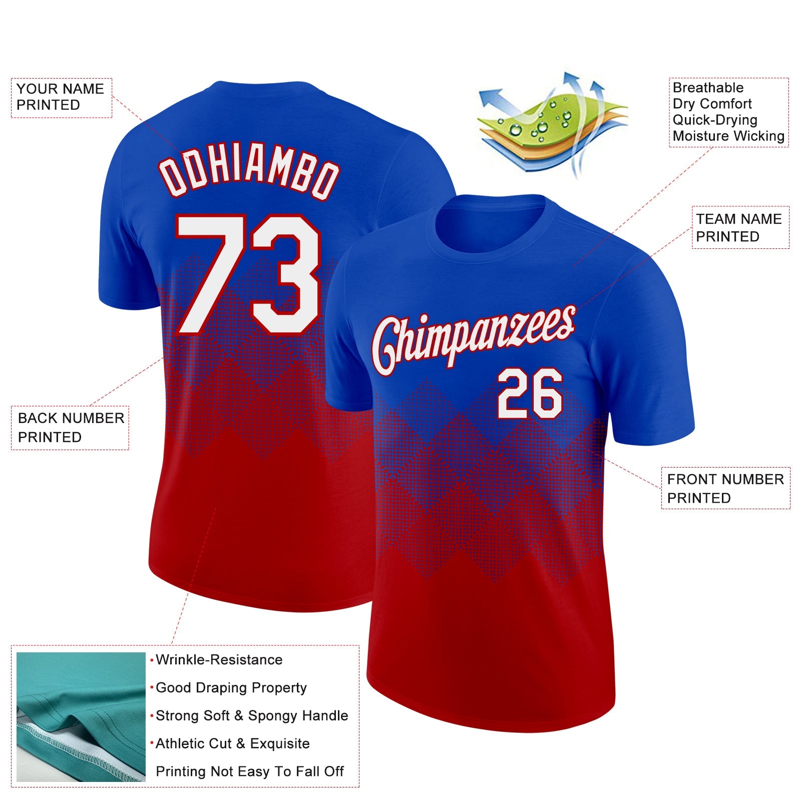 Custom Thunder Blue White-Red 3D Pattern Design Gradient Square Shapes Performance T-Shirt