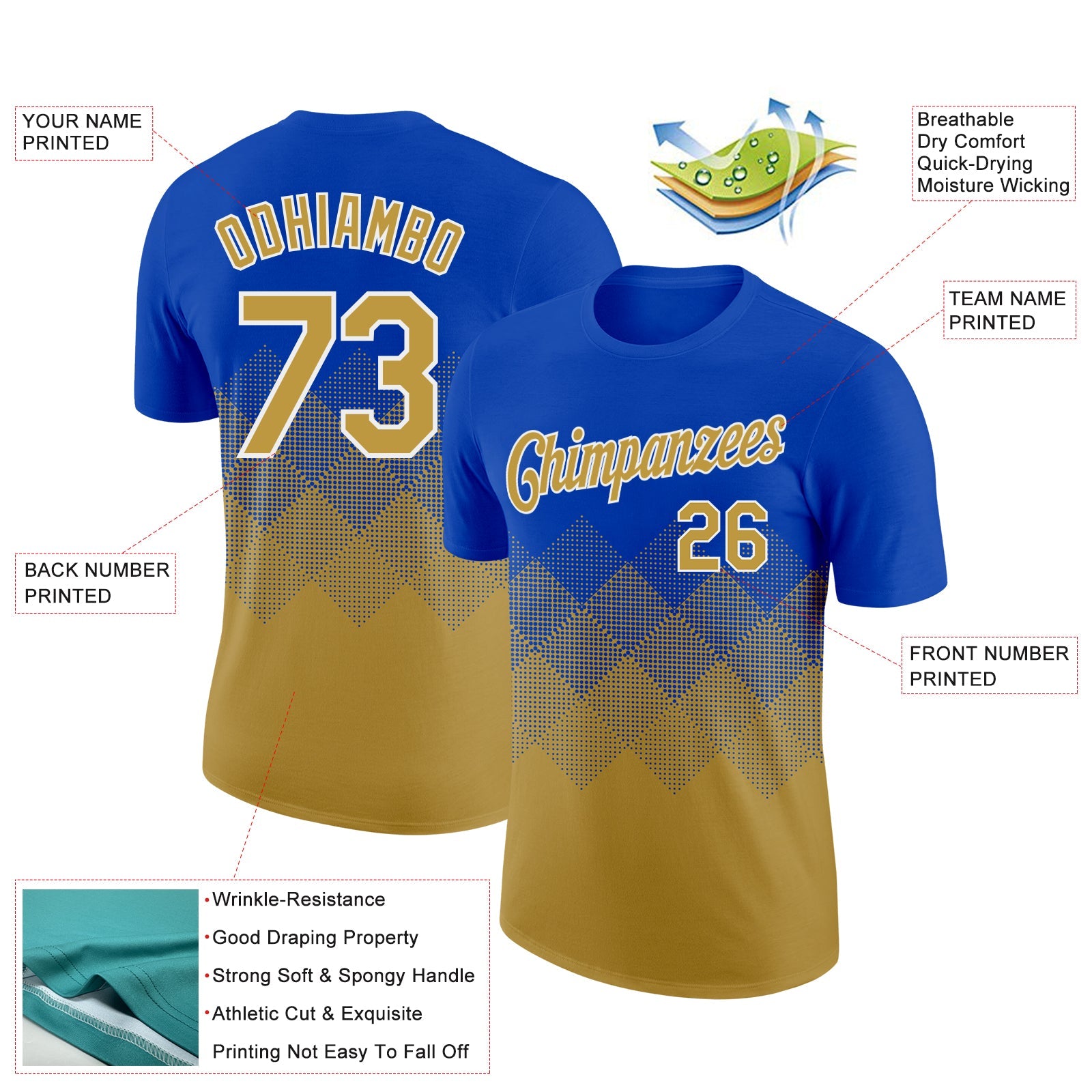 Custom Thunder Blue Old Gold-White 3D Pattern Design Gradient Square Shapes Performance T-Shirt