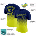 Custom Navy Neon Yellow 3D Pattern Design Gradient Square Shapes Performance T-Shirt
