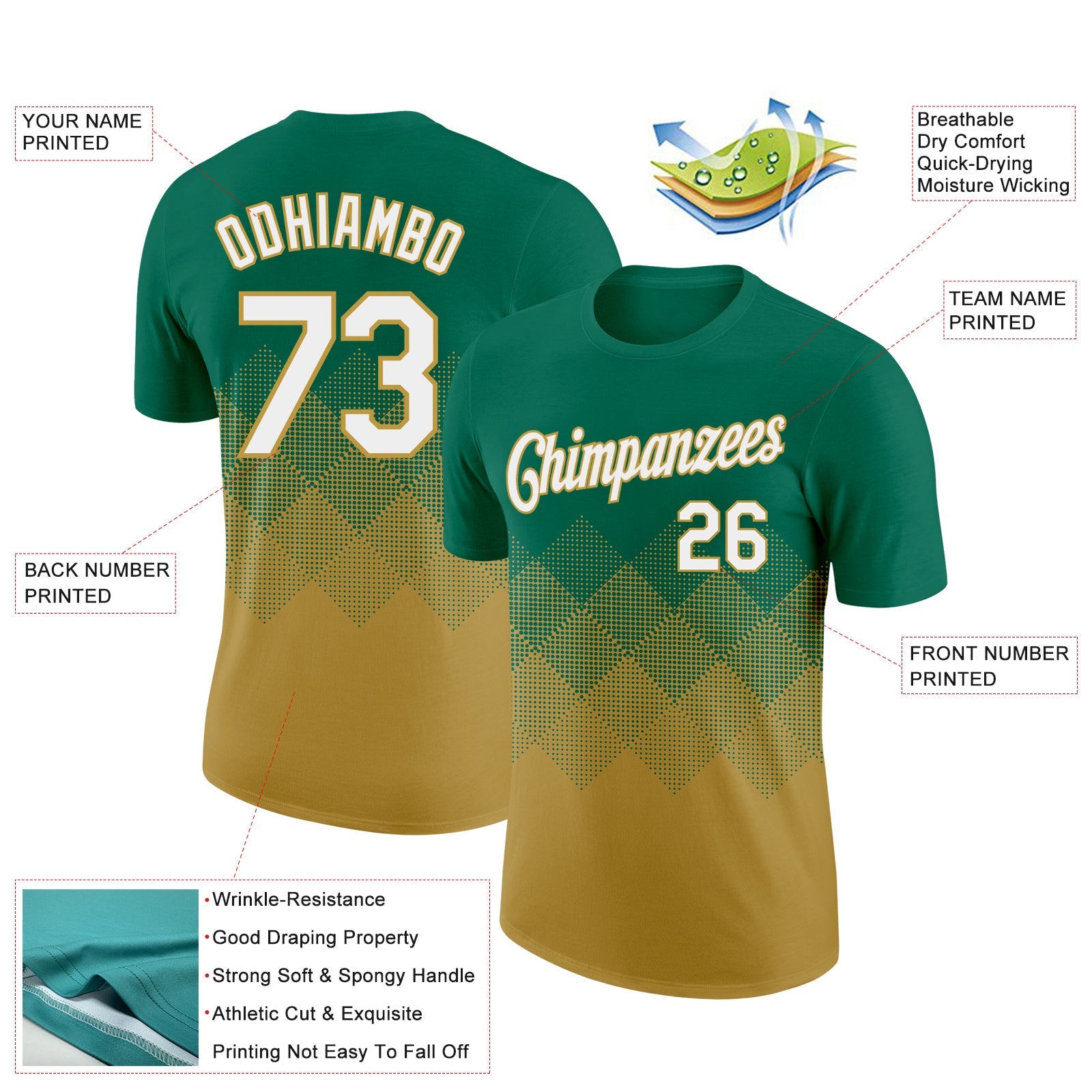 Custom Kelly Green White-Old Gold 3D Pattern Design Gradient Square Shapes Performance T-Shirt