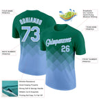 Custom Kelly Green Light Blue-White 3D Pattern Design Gradient Square Shapes Performance T-Shirt