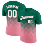 Custom Kelly Green White-Medium Pink 3D Pattern Design Gradient Square Shapes Performance T-Shirt