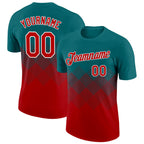 Custom Teal Red-White 3D Pattern Design Gradient Square Shapes Performance T-Shirt