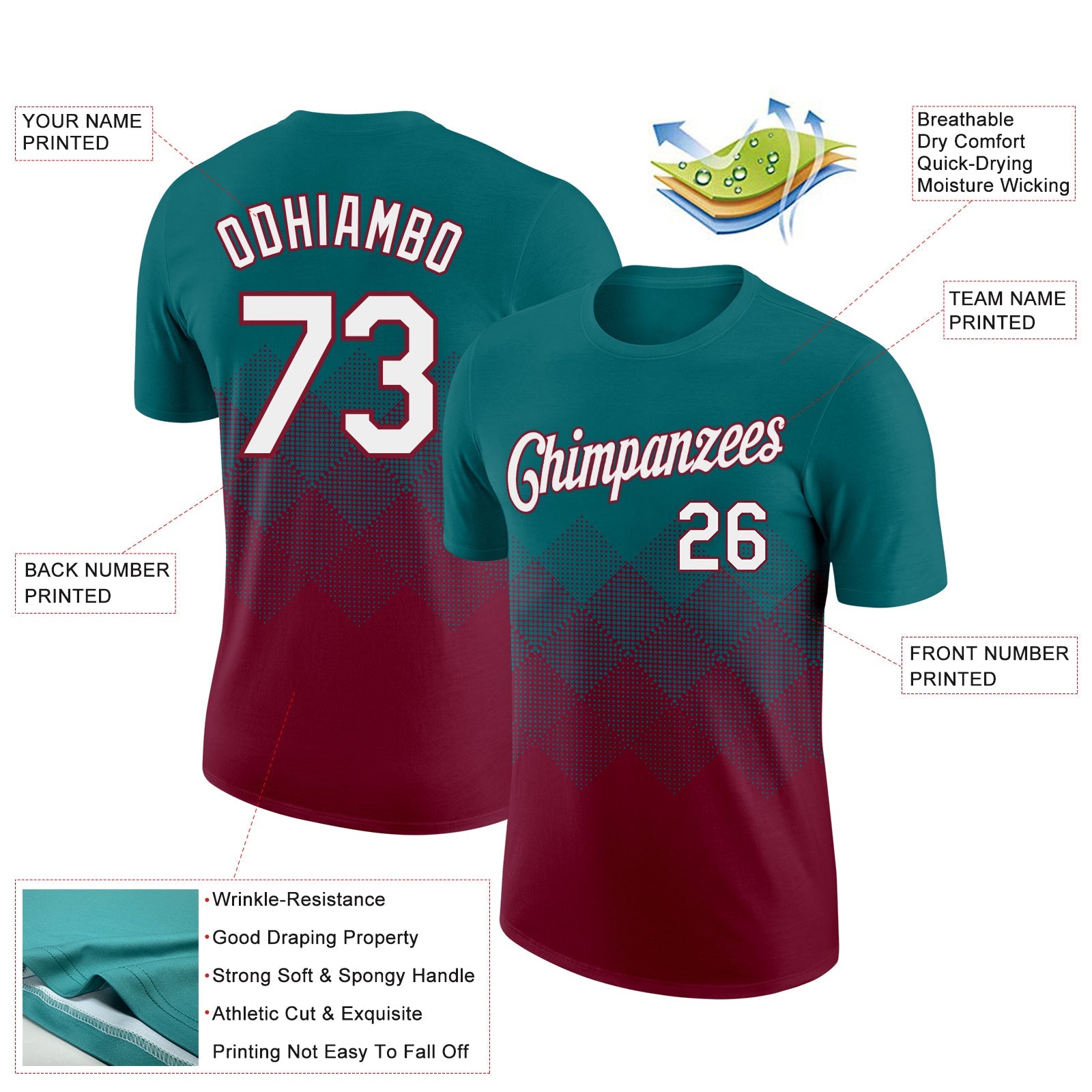 Custom Teal White-Crimson 3D Pattern Design Gradient Square Shapes Performance T-Shirt