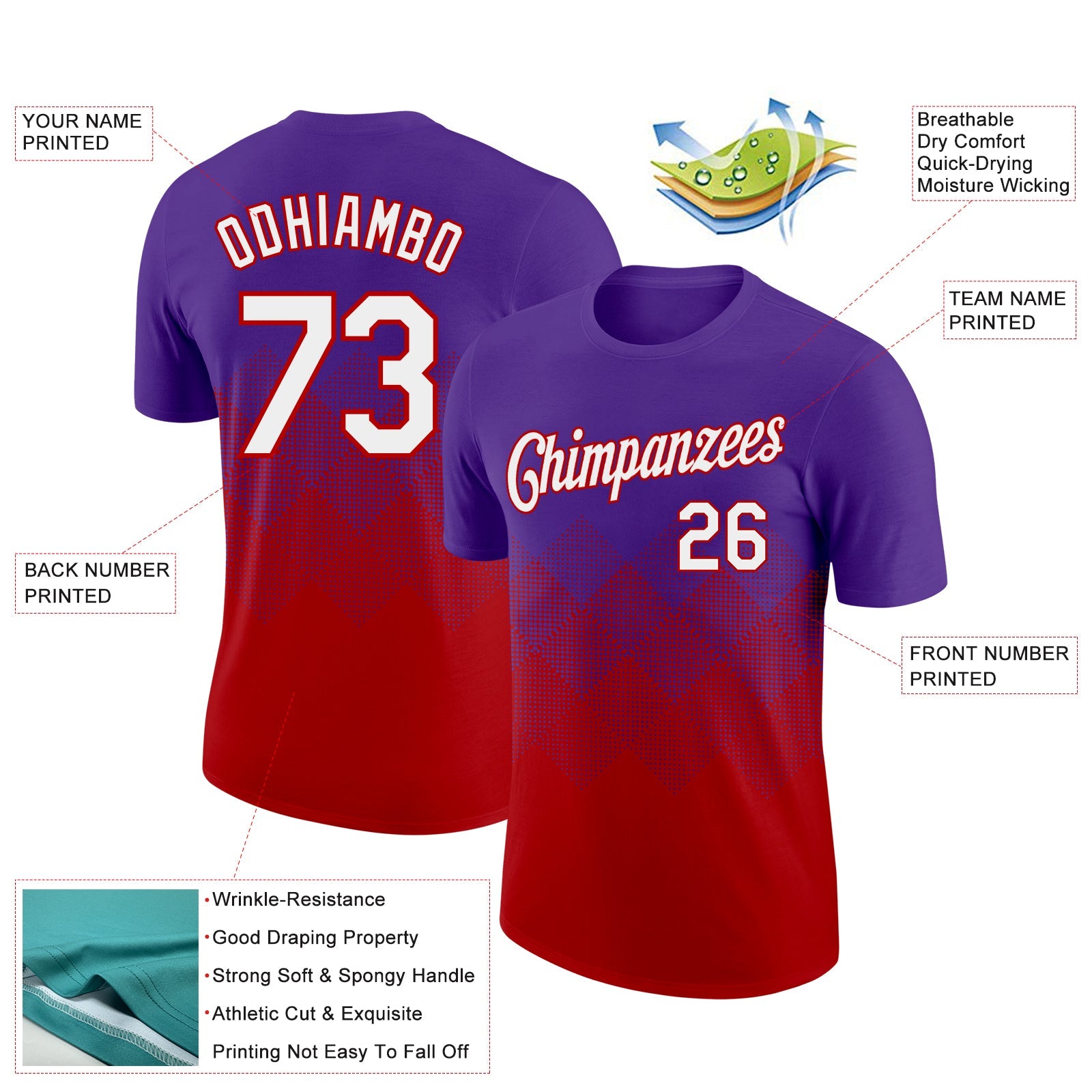 Custom Purple White-Red 3D Pattern Design Gradient Square Shapes Performance T-Shirt