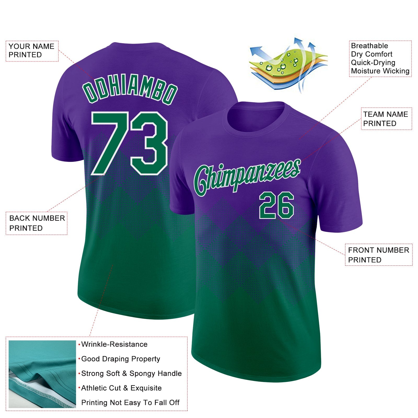 Custom Purple Kelly Green-White 3D Pattern Design Gradient Square Shapes Performance T-Shirt