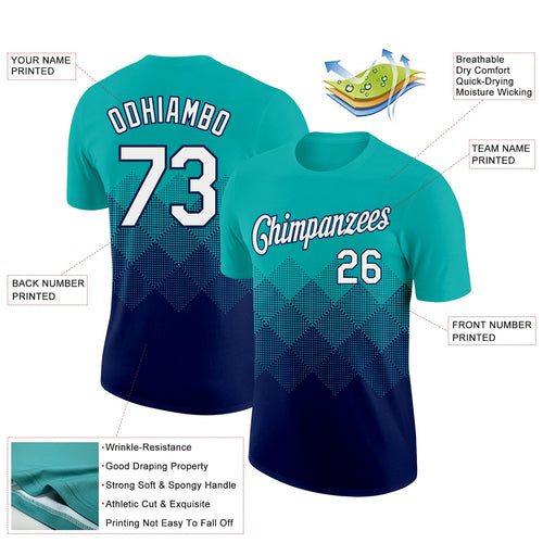 Custom Aqua White-Navy 3D Pattern Design Gradient Square Shapes Performance T-Shirt
