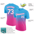 Custom Sky Blue White-Pink 3D Pattern Design Gradient Square Shapes Performance T-Shirt