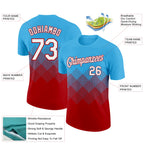 Custom Sky Blue White-Red 3D Pattern Design Gradient Square Shapes Performance T-Shirt