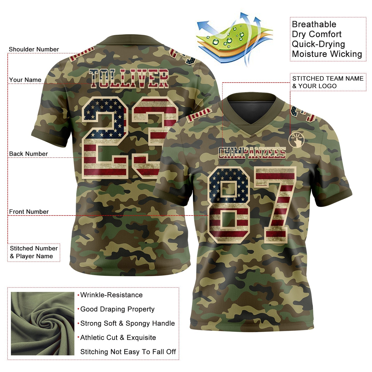 Custom Camo Vintage USA Flag Cream-Olive 3D Pattern Salute To Service Authentic Football Jersey