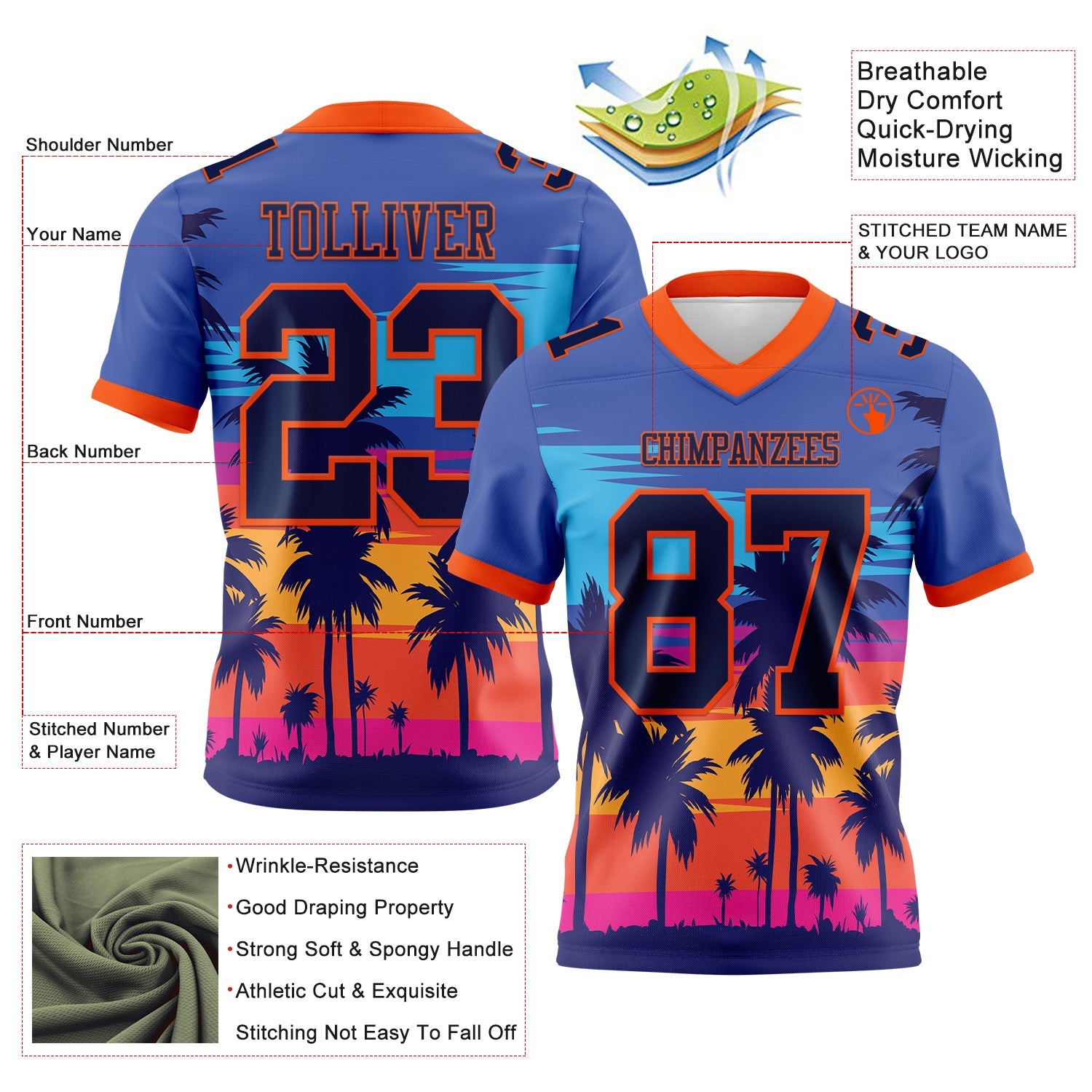 Custom Royal Navy-Orange 3D Pattern Tropical Palm Trees Authentic Football Jersey