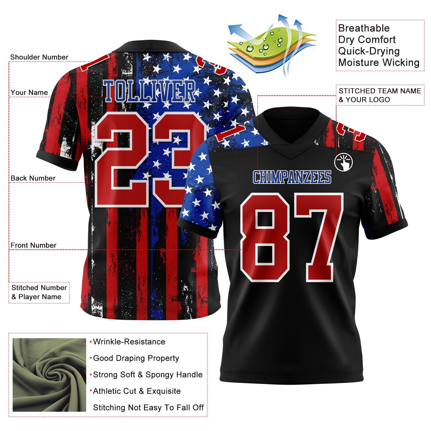 Custom Black Red Royal-White 3D Pattern American Flag Authentic Football Jersey