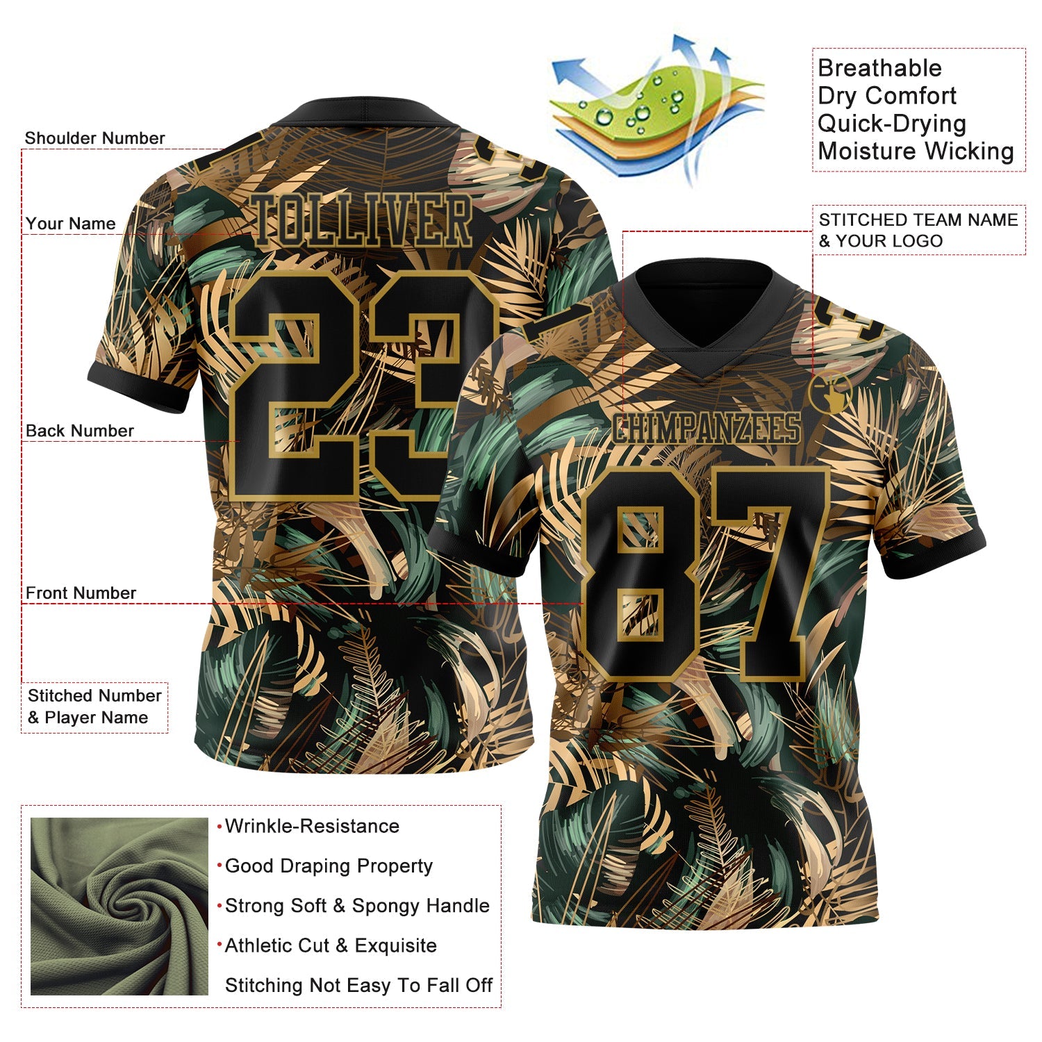 Custom Black Old Gold 3D Pattern Tropical Hawaii Jungle Leaves Authentic Football Jersey