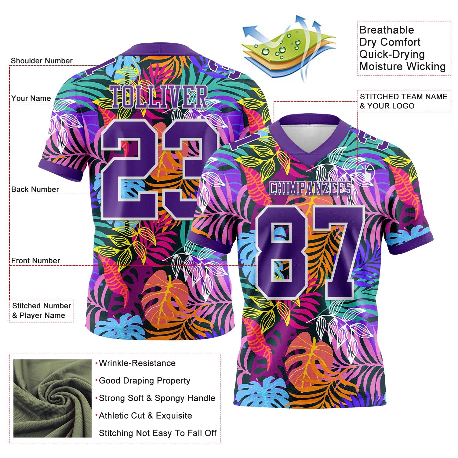 Custom Black Purple-White 3D Pattern Tropical Hawaii Jungle Leaves Authentic Football Jersey