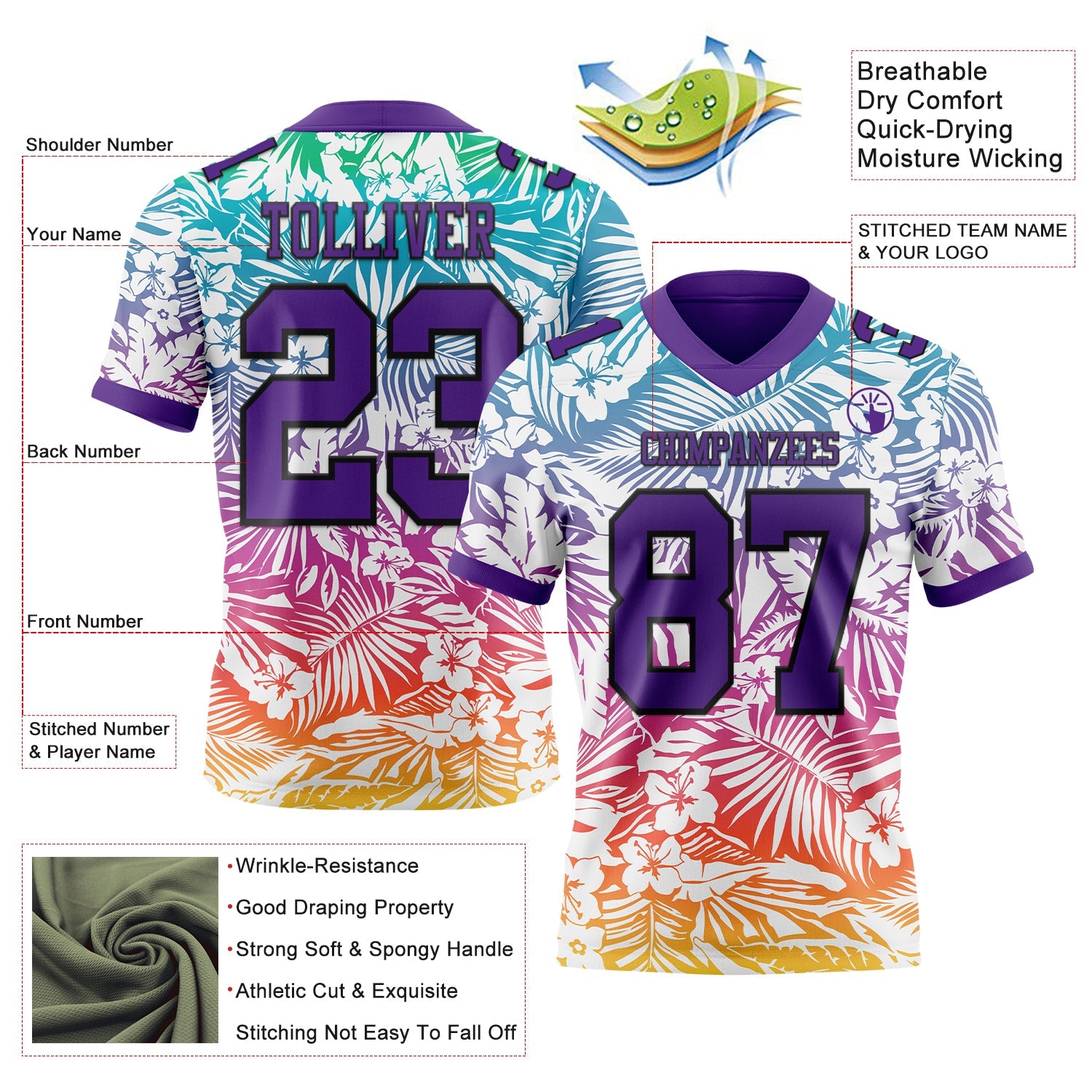 Custom White Purple-Black 3D Pattern Tropical Hawaii Jungle Leaves Authentic Football Jersey