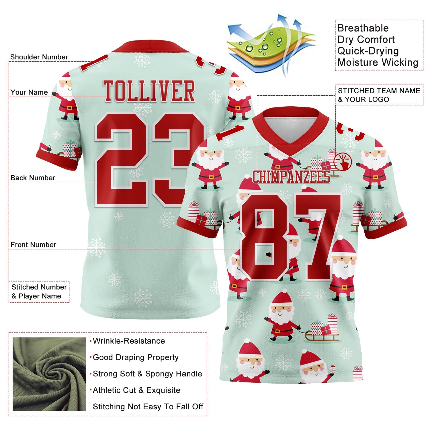 Custom Green Red-White 3D Pattern Christmas Authentic Football Jersey