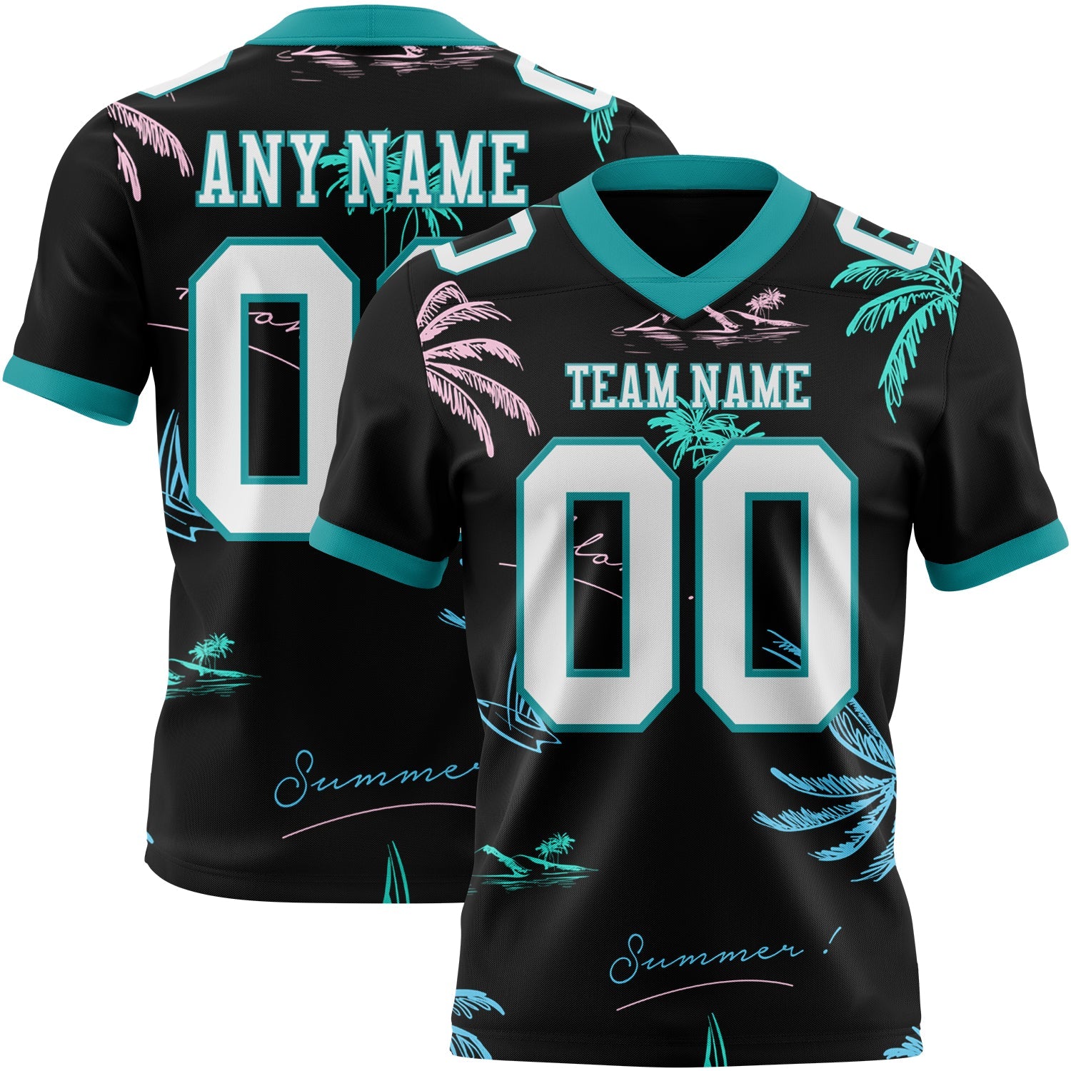 Custom Black White-Teal 3D Pattern Tropical Hawaii Palm Trees Authentic Football Jersey