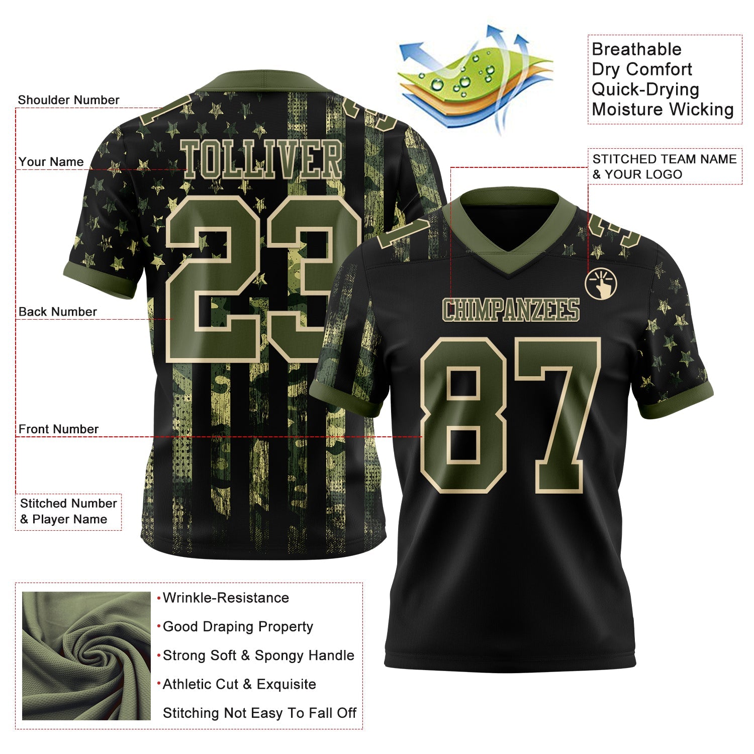 Custom Black Olive-Cream 3D Pattern American Flag Authentic Football Jersey