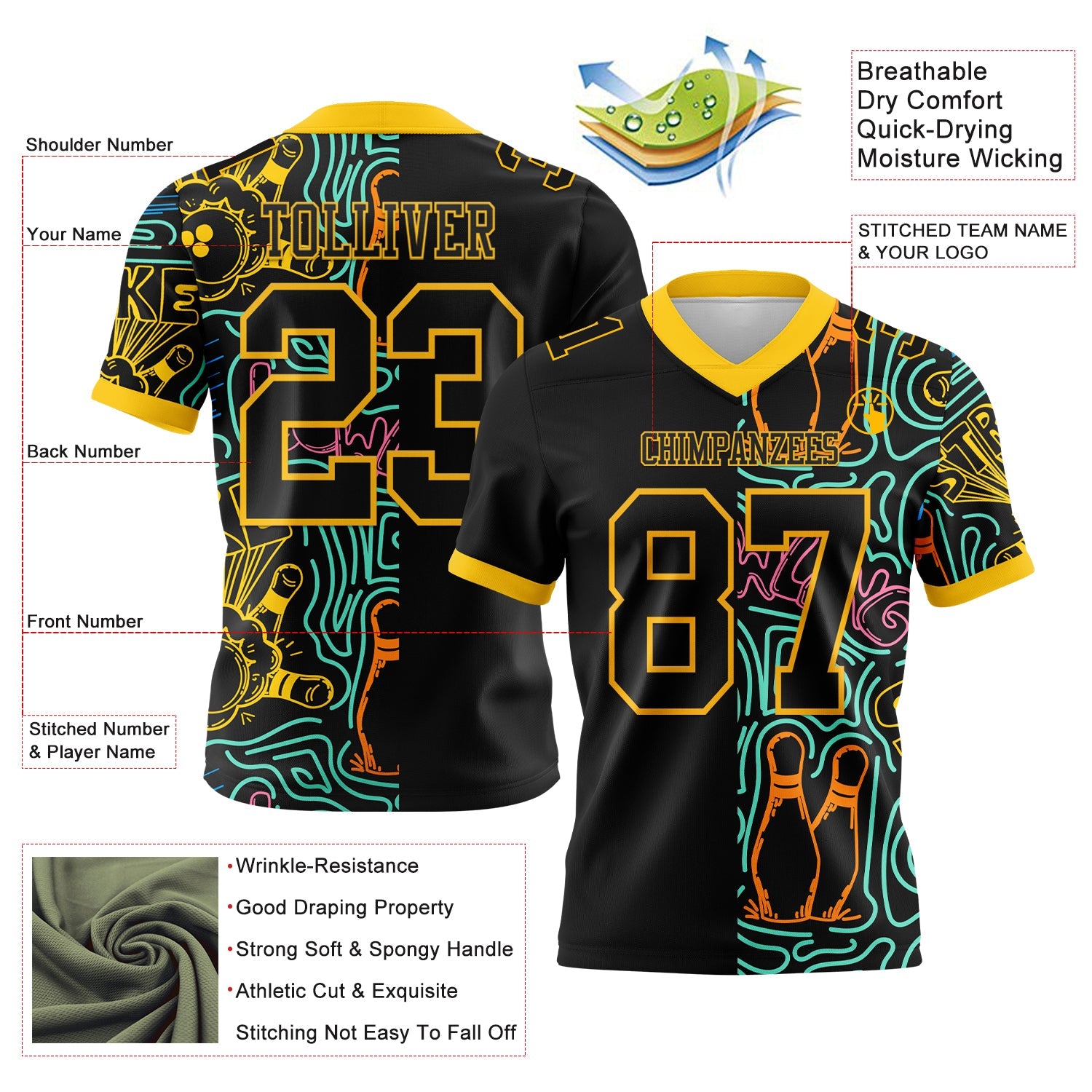 Custom Black Yellow 3D Pattern Bowling Authentic Football Jersey