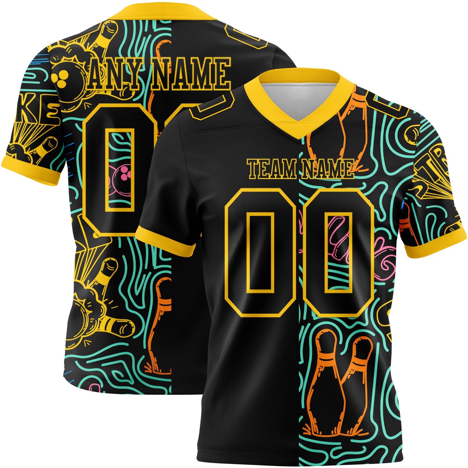 Custom Black Yellow 3D Pattern Bowling Authentic Football Jersey
