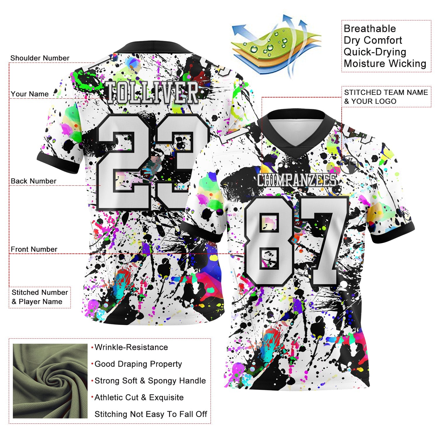 Custom Graffiti Pattern White-Black 3D Pattern Splash Authentic Football Jersey