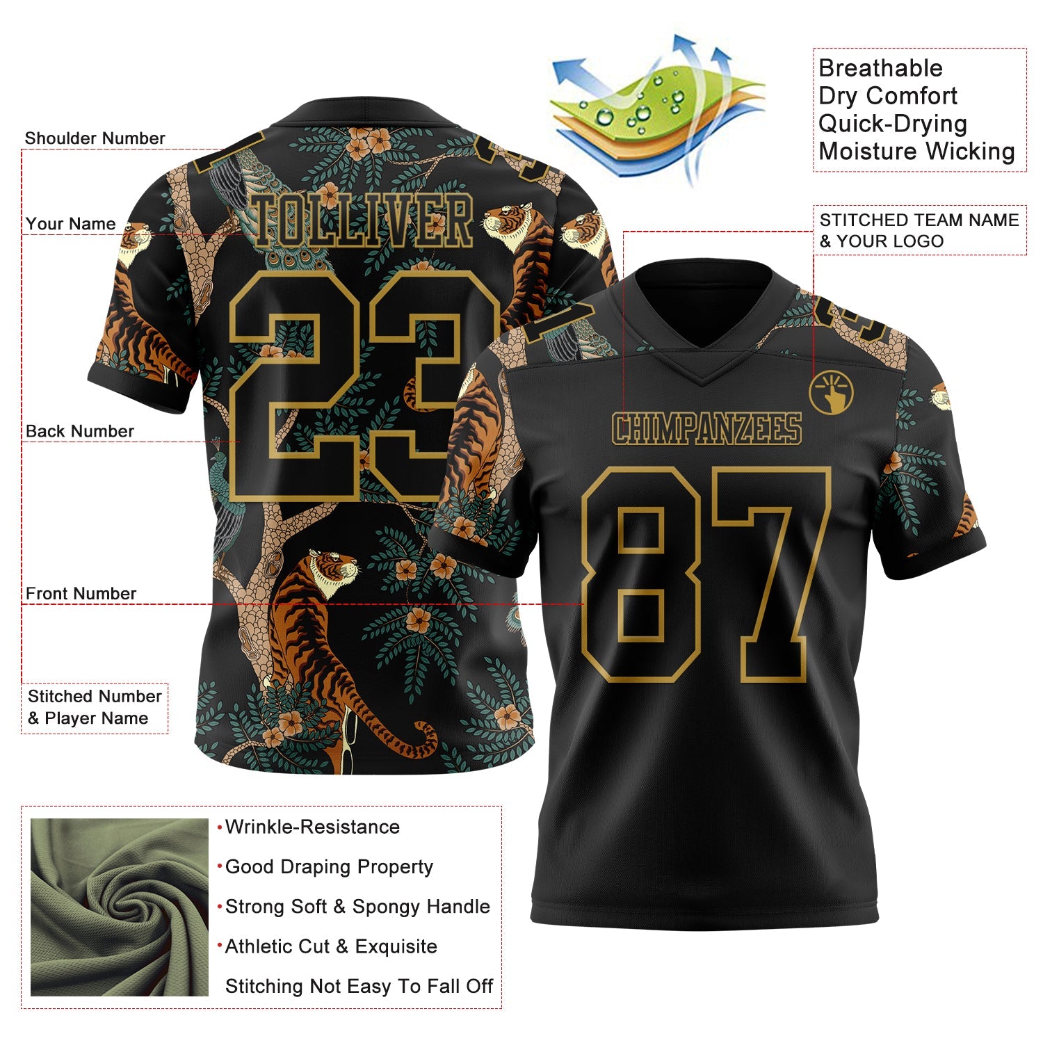 Custom Black Old Gold 3D Pattern Tiger And Peacock Authentic Football Jersey