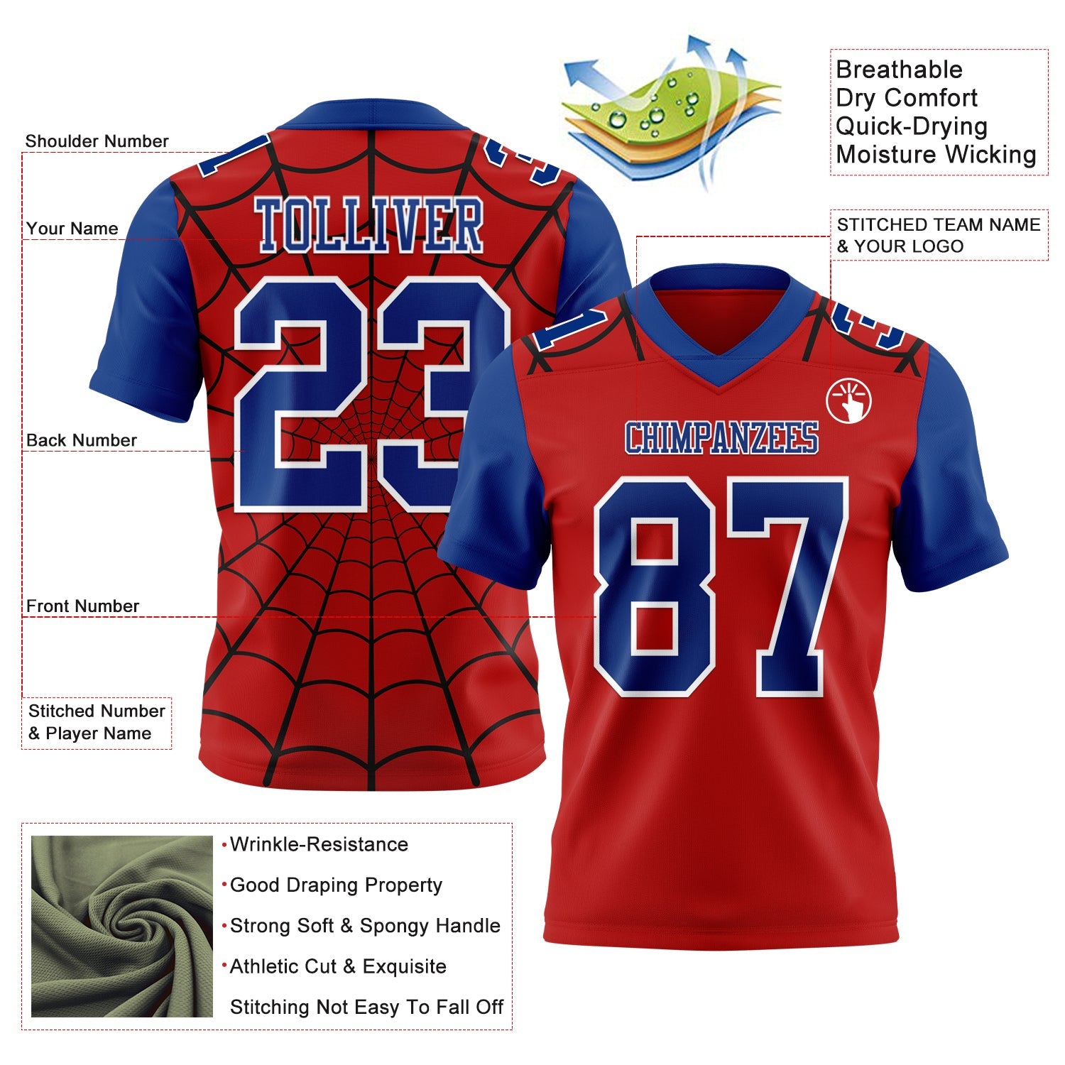 Custom Red Royal-White 3D Pattern Spider Web Authentic Football Jersey