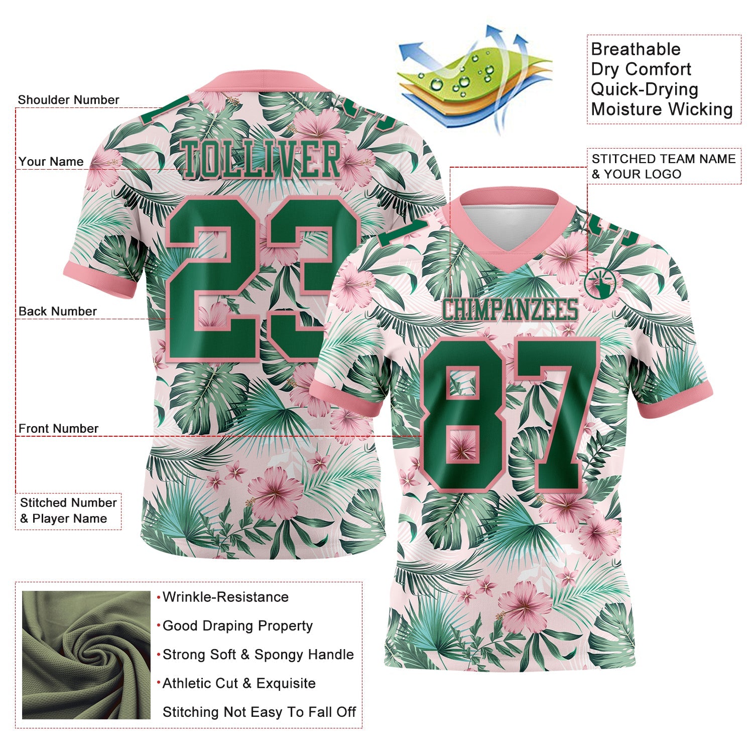 Custom Medium Pink Kelly Green 3D Pattern Hawaii Palm Leaves And Flowers Authentic Football Jersey