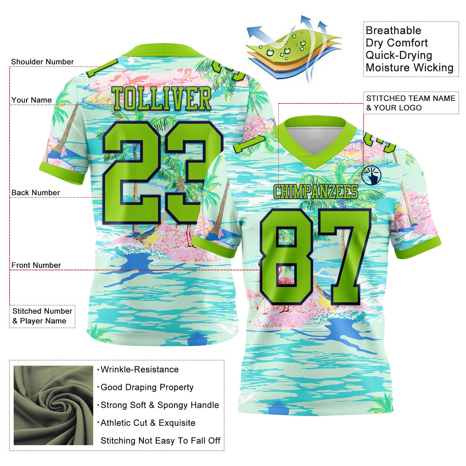 Custom Lakes Blue Neon Green-Navy 3D Pattern Beach Hawaii Palm Trees And Flamingo Authentic Football Jersey