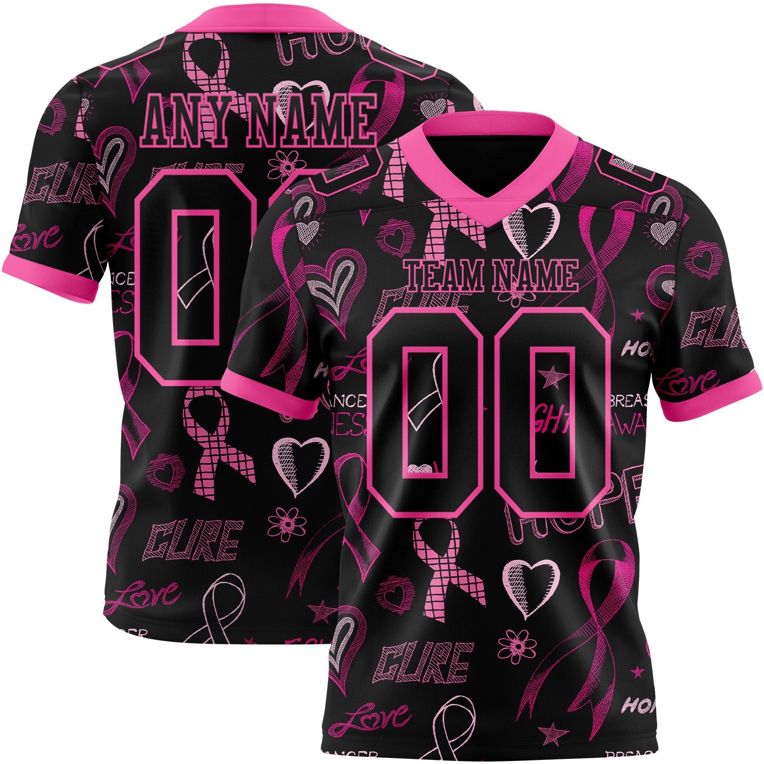Custom Black Pink 3D Pattern Pink Ribbon Breast Cancer Awareness Month Women Health Care Support Authentic Football Jersey