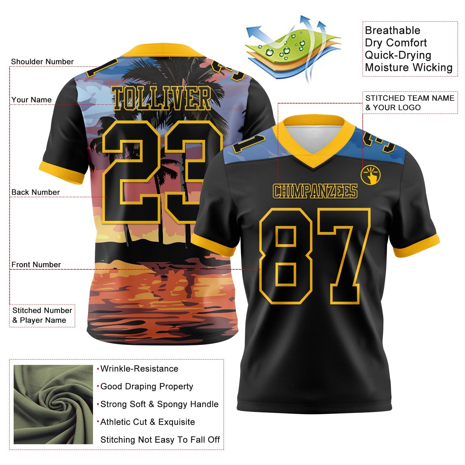 Custom Black Yellow 3D Pattern Tropical Hawaii Palm Trees Authentic Football Jersey