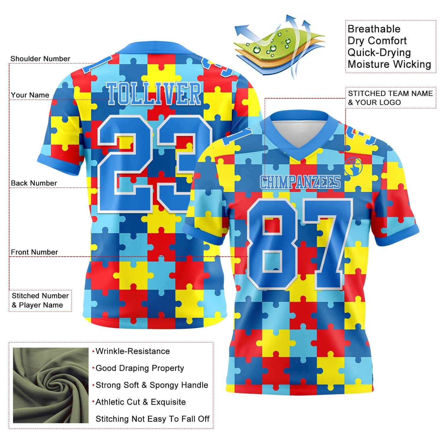 Custom Powder Blue White 3D Pattern Autism Supporter Awareness Puzzle Pieces Authentic Football Jersey