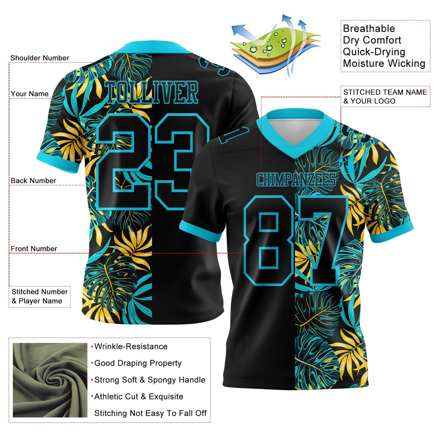 Custom Black Lakes Blue 3D Pattern Beach Tropical Hawaii Palm Leaves Authentic Football Jersey
