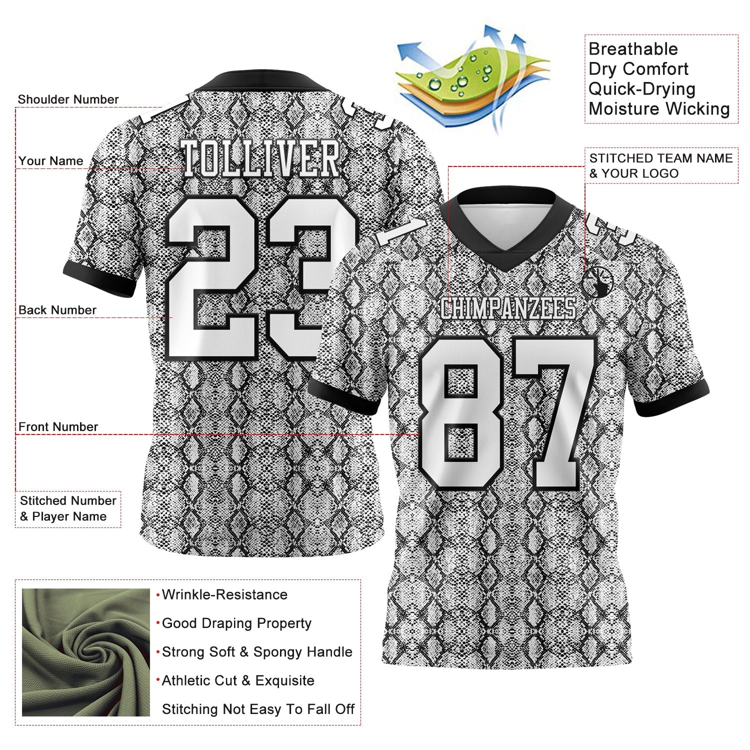 Custom White Black 3D Pattern Snakeskin Print Authentic Football Jersey