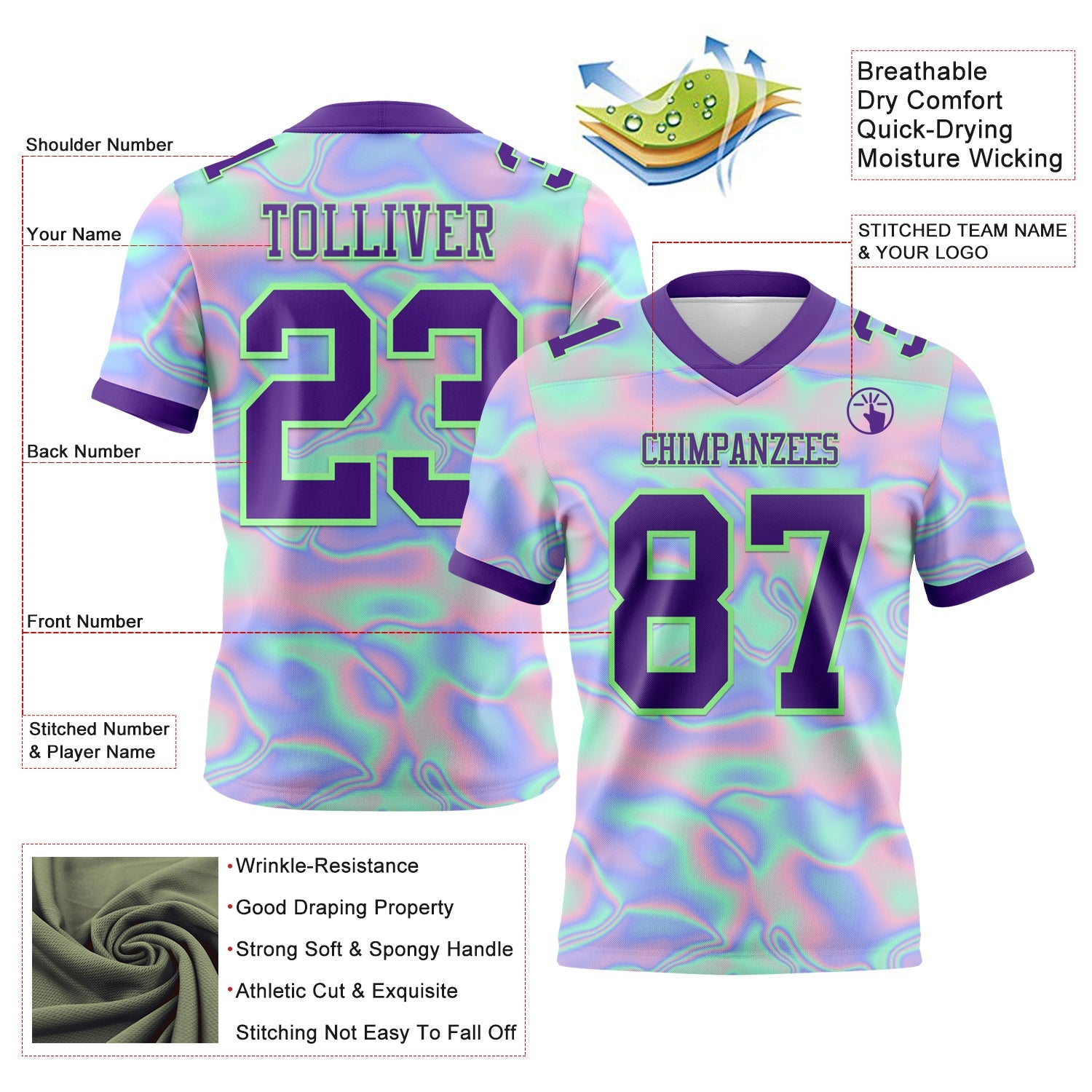 Custom Light Blue Purple-Pea Green 3D Pattern Abstract Trendy Holographic Vaporwave Style Authentic Football Jersey