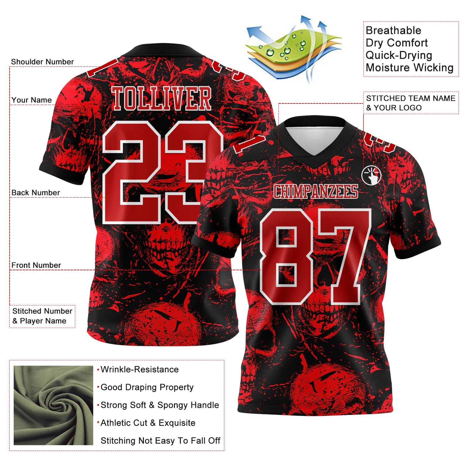Custom Black Red-White 3D Pattern Halloween Skull Authentic Football Jersey