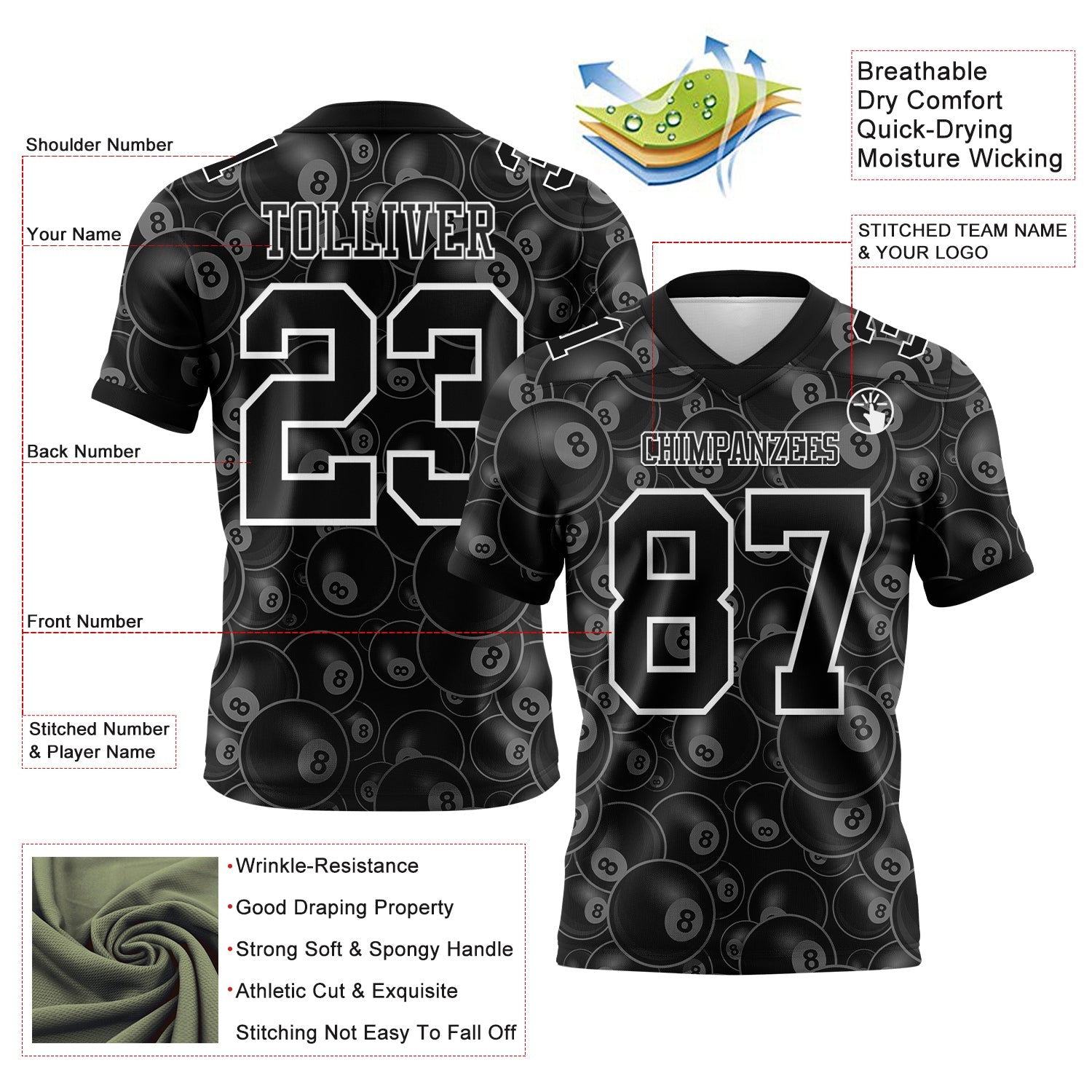 Custom Black White 3D Pattern Billiards Snooker 8 Ball Authentic Football Jersey