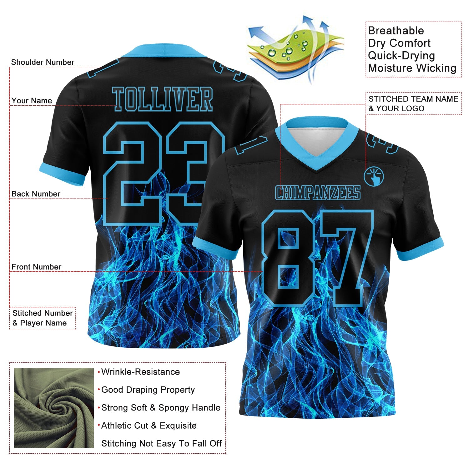 Custom Black Sky Blue 3D Pattern Flame Authentic Football Jersey