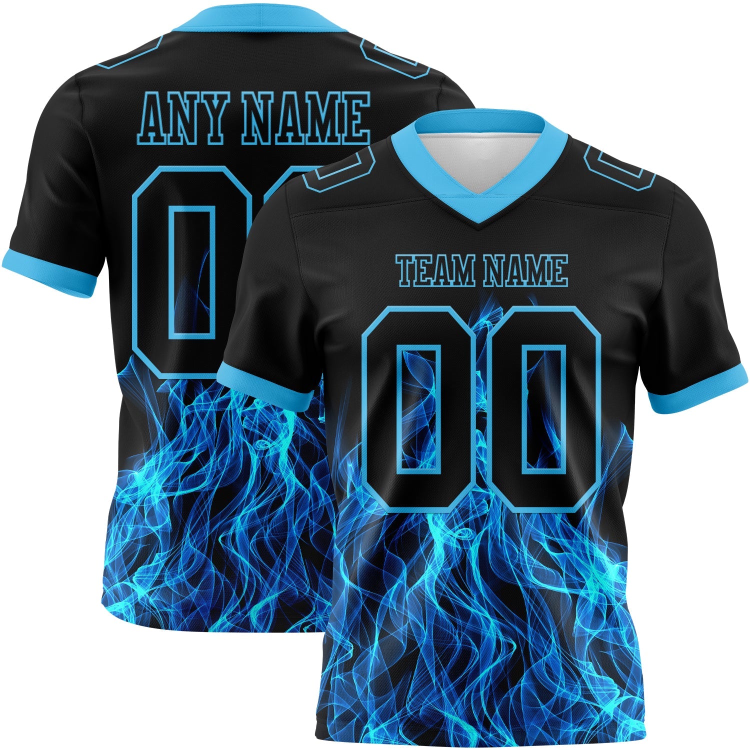 Custom Black Sky Blue 3D Pattern Flame Authentic Football Jersey