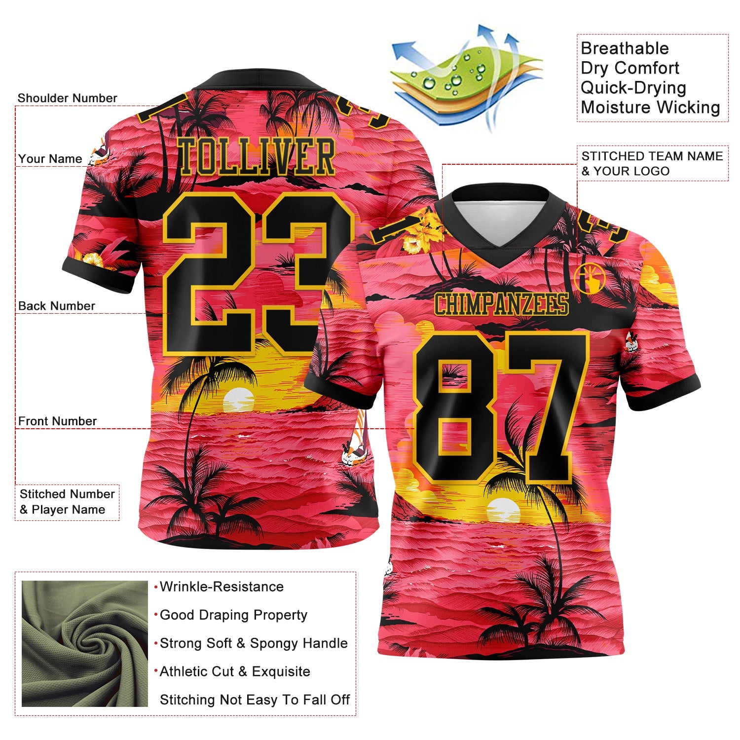 Custom Red Black-Yellow 3D Pattern Sun Beach Hawaii Palm Trees Authentic Football Jersey