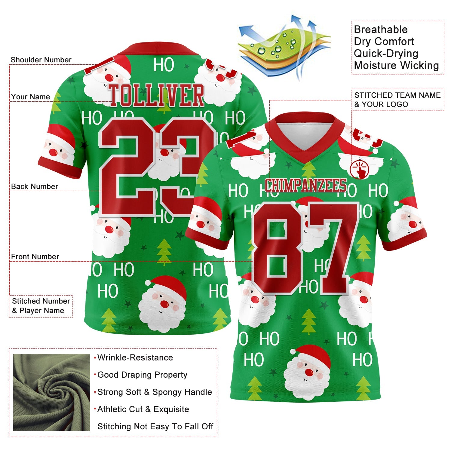 Custom Green Red-White 3D Pattern Christmas Authentic Football Jersey
