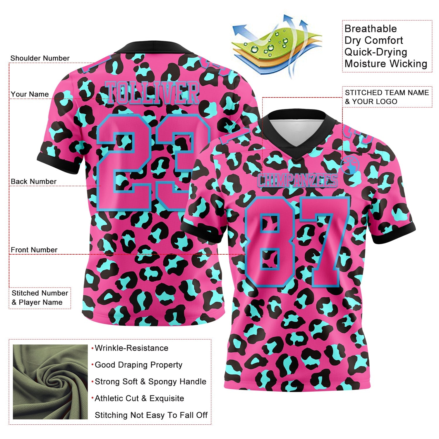 Custom Pink Sky Blue-Black 3D Pattern Leopard Print Authentic Football Jersey