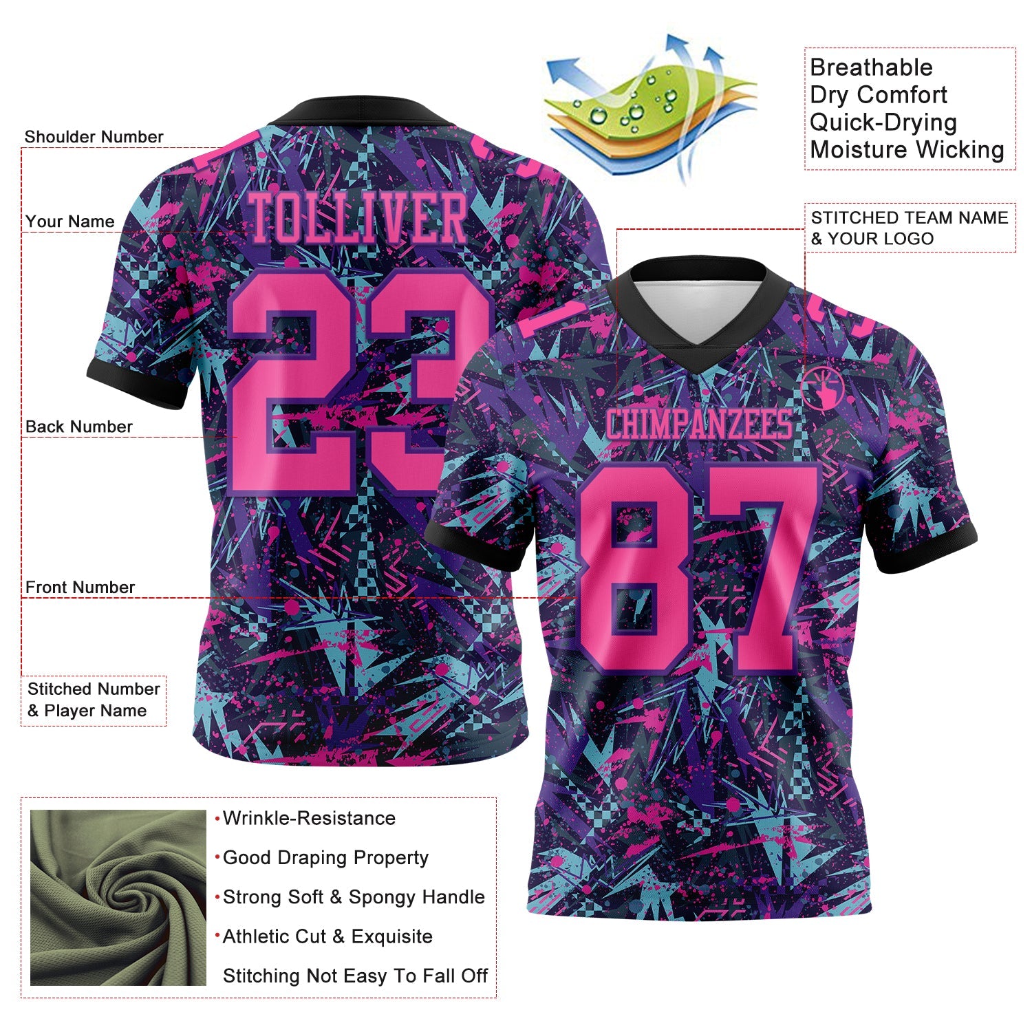 Custom Graffiti Pattern Pink Purple-Black 3D Pattern Creative Geometric Figures And Dots Authentic Football Jersey