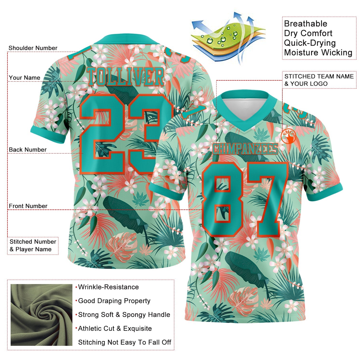 Custom Teal Orange 3D Pattern Hawaii Palm Leaves And Flowers Authentic Football Jersey