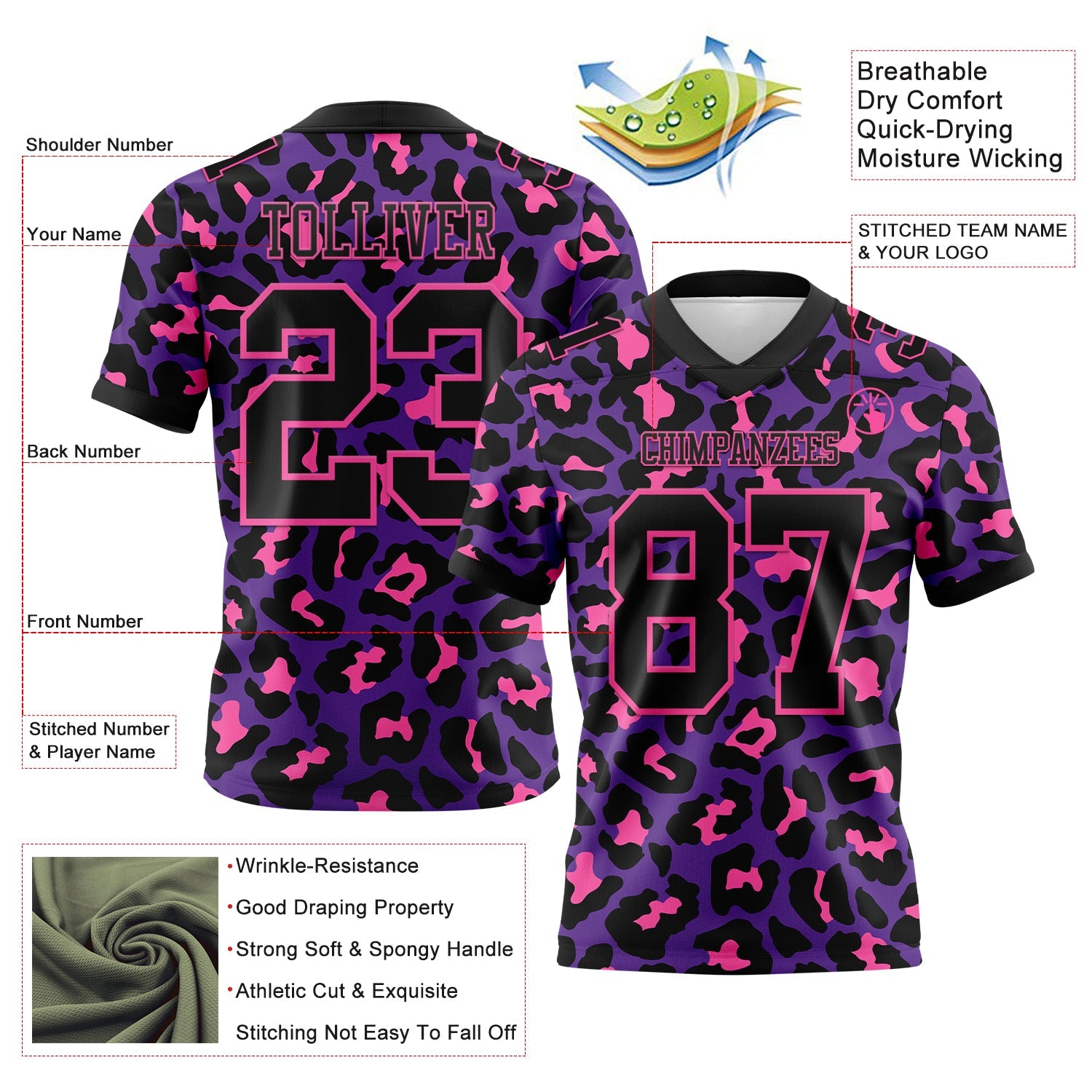 Custom Purple Black-Pink 3D Pattern Leopard Print Authentic Football Jersey