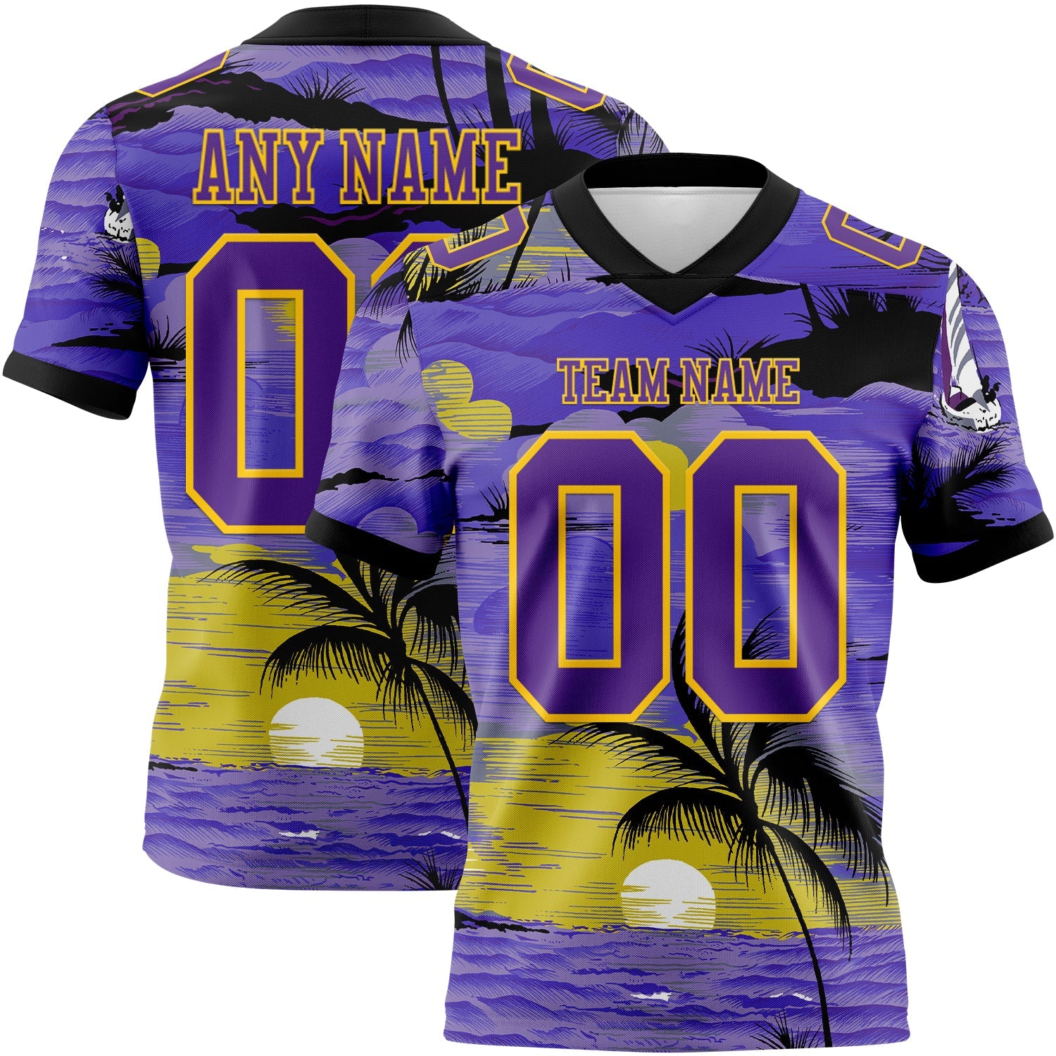 Custom Purple Black-Yellow 3D Pattern Sun Beach Hawaii Palm Trees Authentic Football Jersey