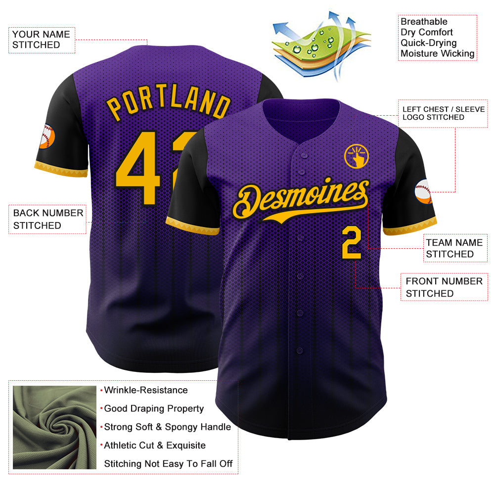 Custom Purple Gold-Black 3D Pattern Design Gradient Geometric Shape Authentic Baseball Jersey