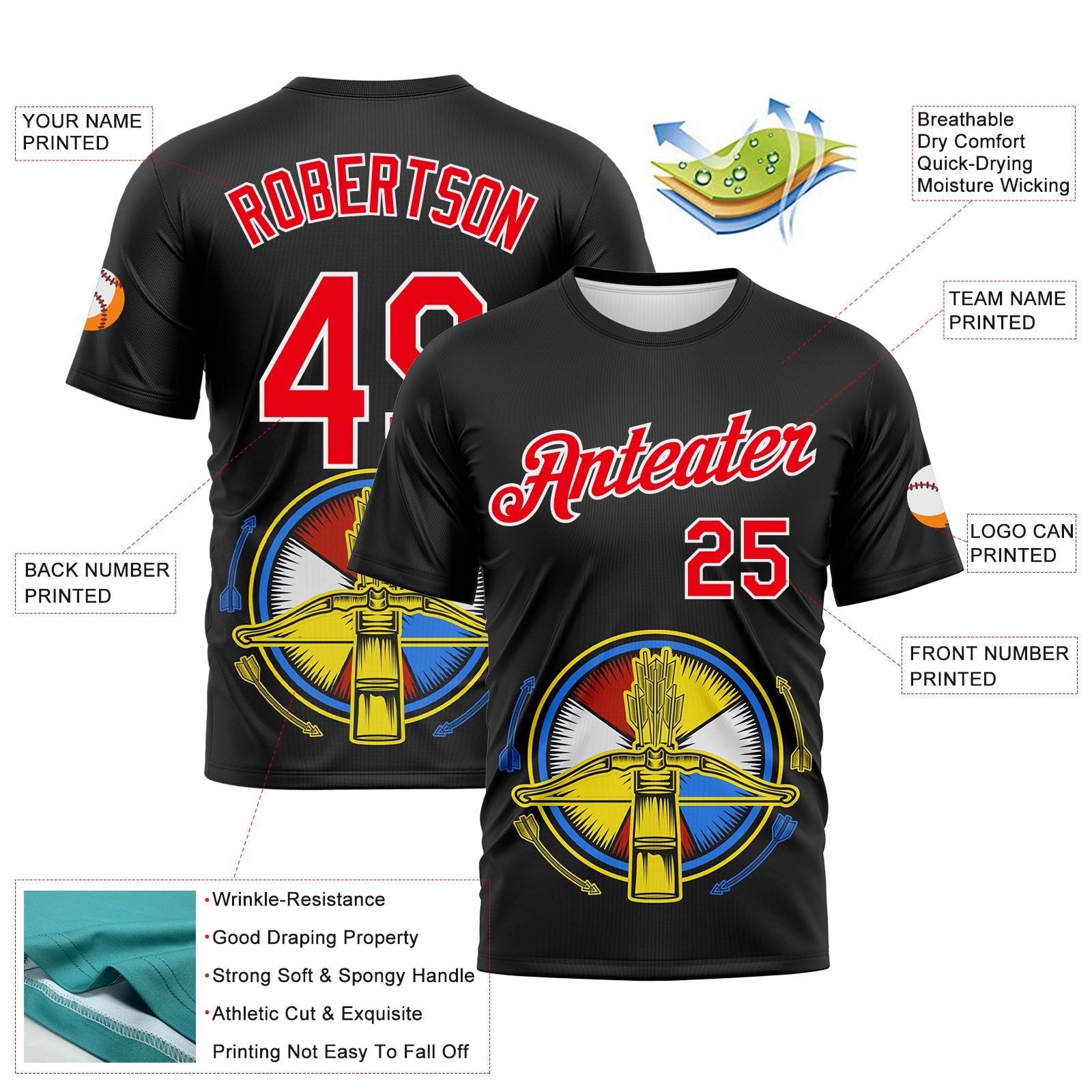 Custom Black Fire Red-White 3D Pattern Design Arrow Archery Bow Target Performance T-Shirt