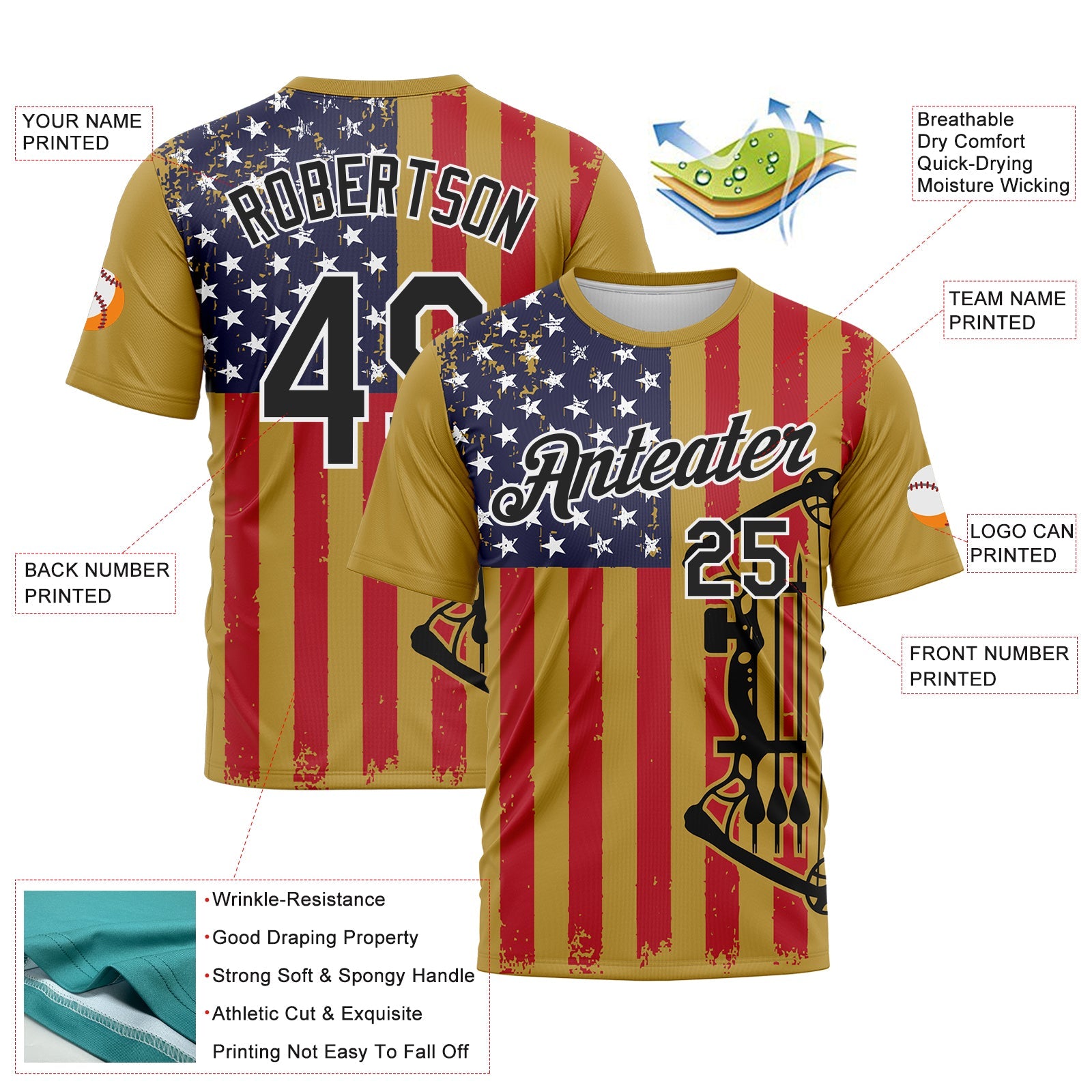 Custom Old Gold Black-White 3D Pattern Design Arrow Archery Bow Target American Flag Performance T-Shirt