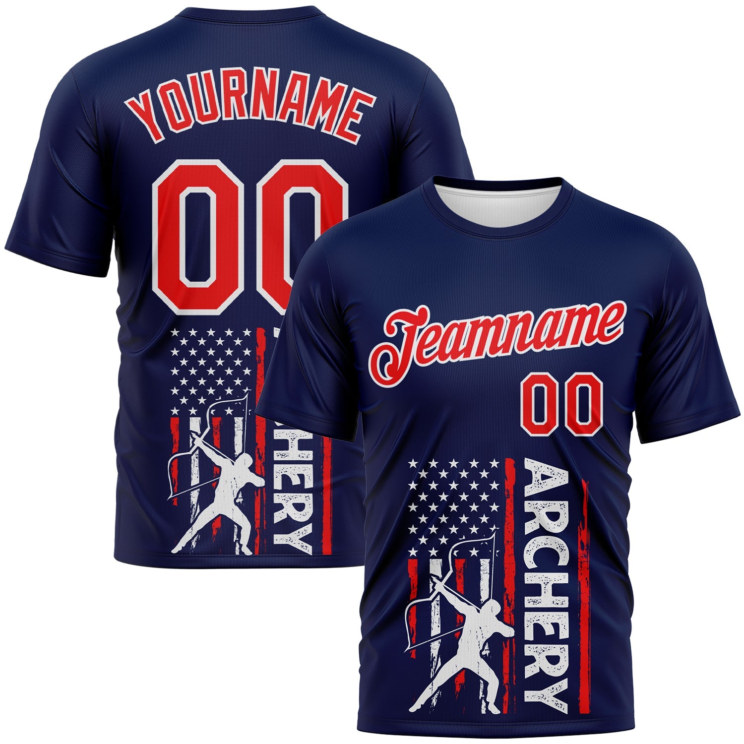 Custom Navy Fire Red-White 3D Pattern Design Arrow Archery Bow Target American Flag Performance T-Shirt